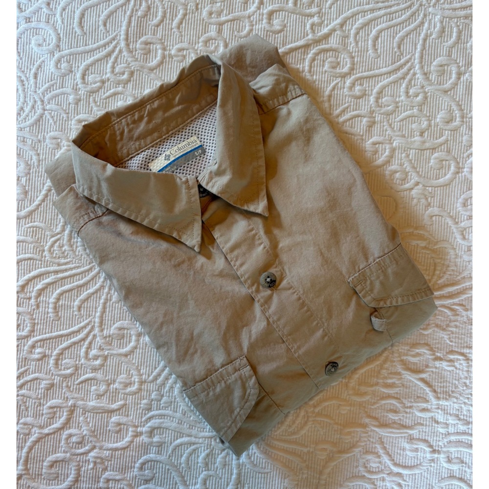 Columbia PFG Mens Small Beige Short Sleeve Vented Cotton Fishing Shirt Tan Small